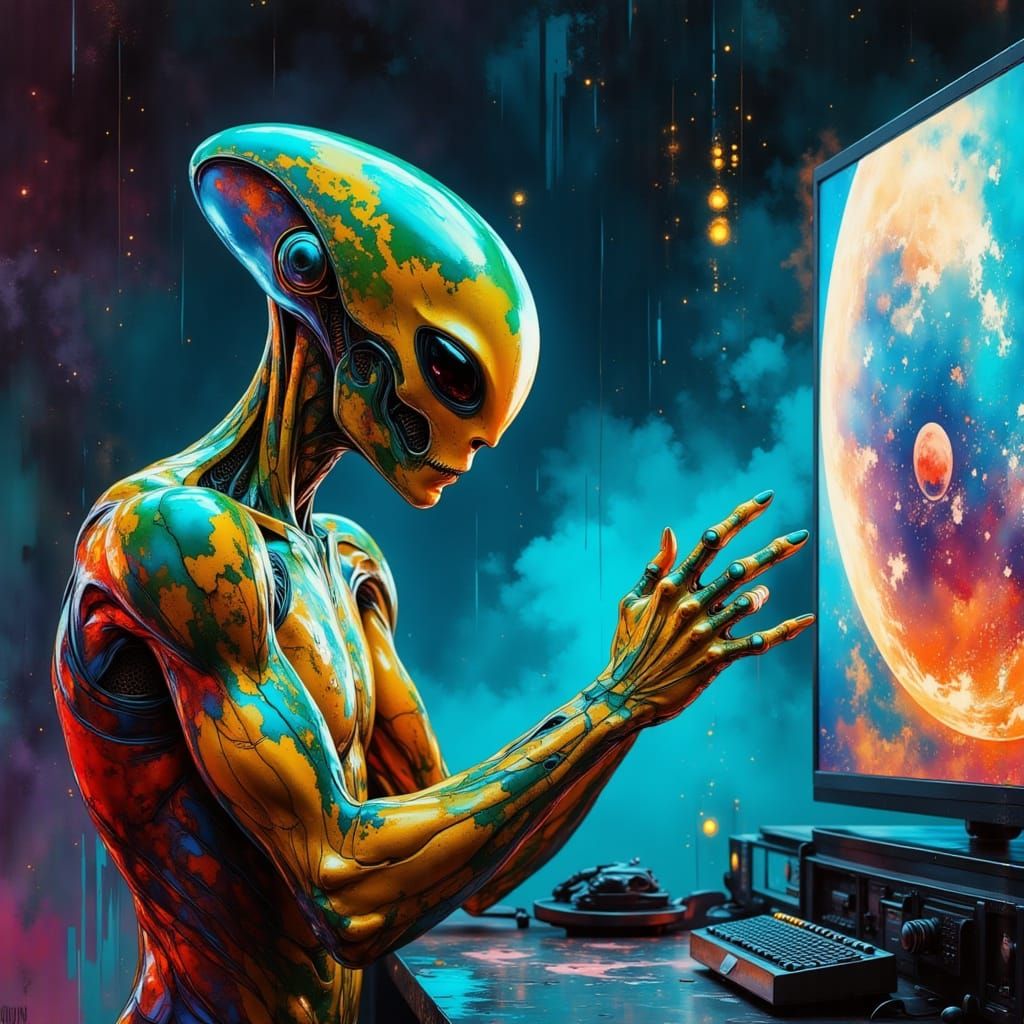 Vibrant Alien Weathercaster in a Dynamic Broadcast Studio