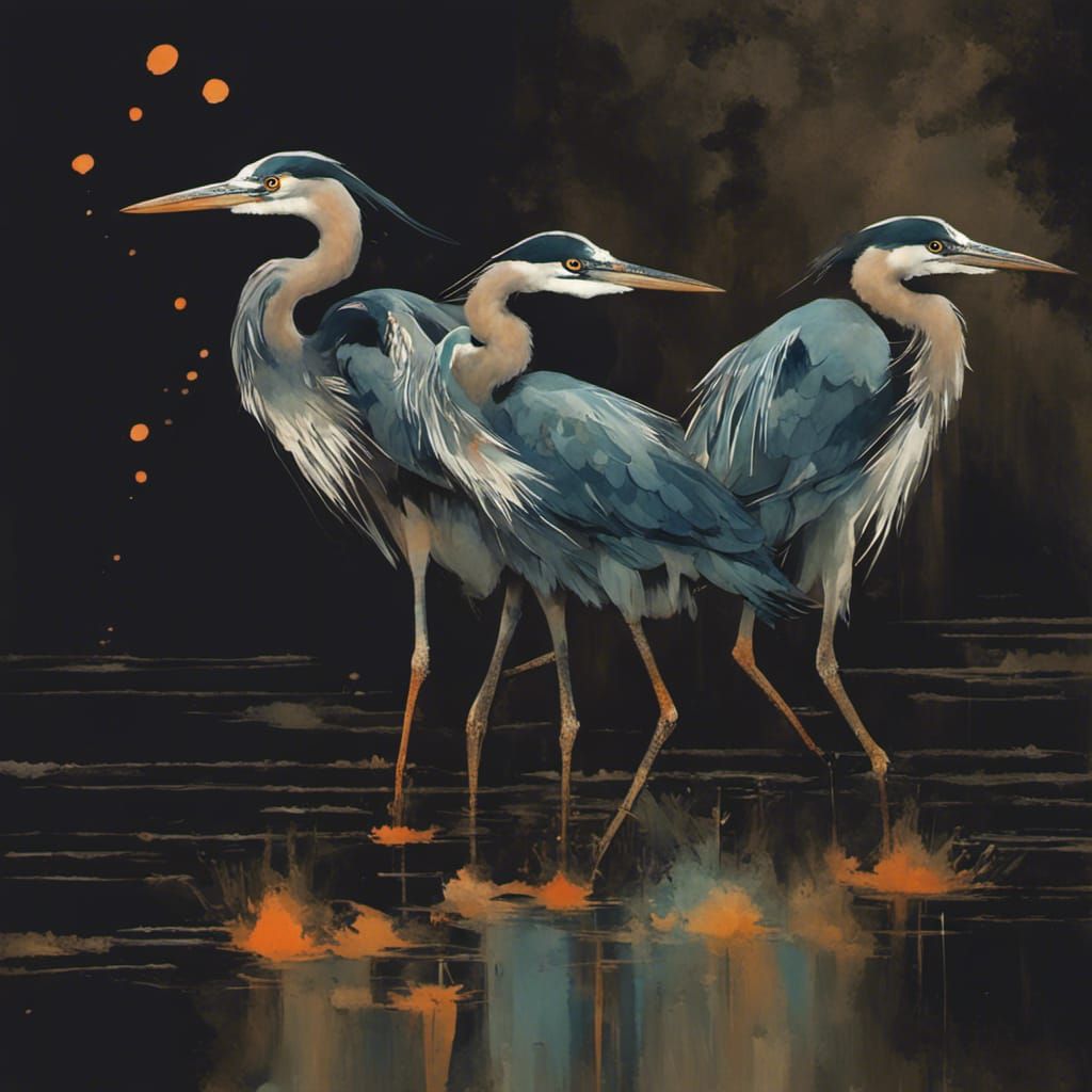 Prompts
"Image of 3 herons shaking their wings colors dark turquoise grey blue. Some small orange spots. Watercolours wa...
