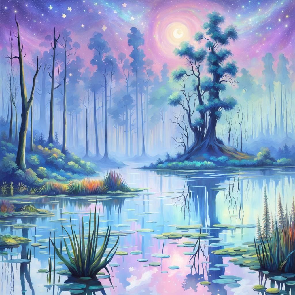 Iridescent Holographic Swamp Under Bright Stars
