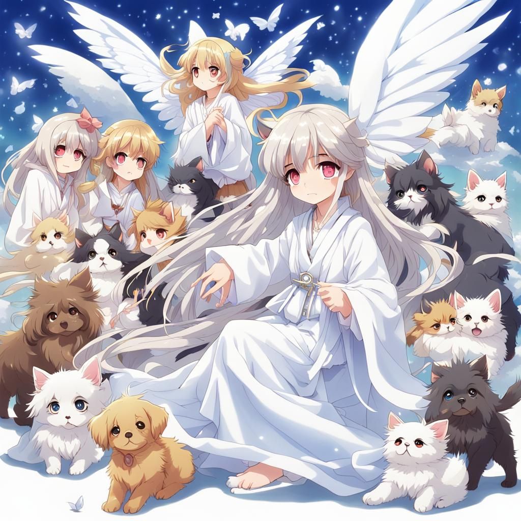 Anime Animal Fairy with Puppies and Kittens
