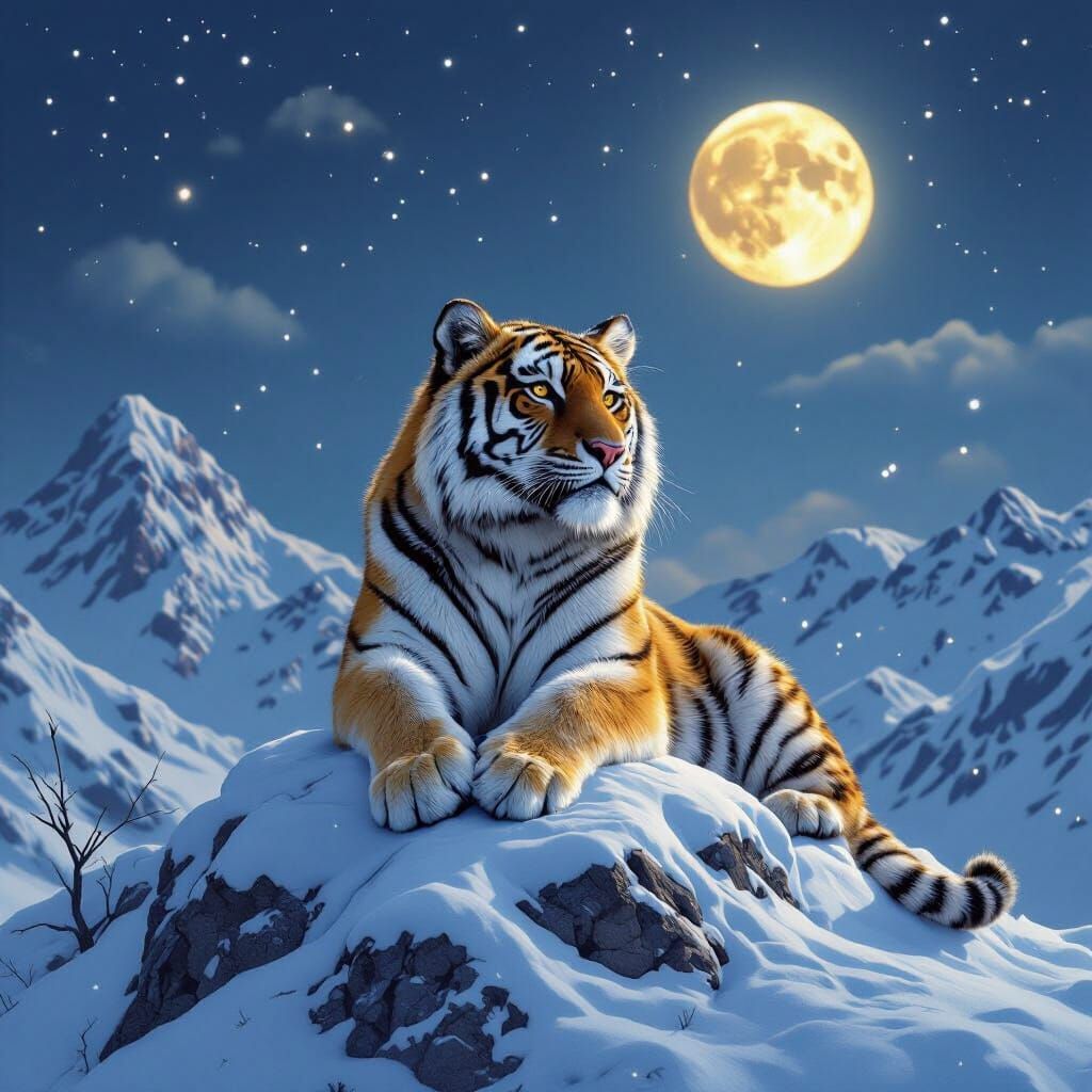 Siberian Tiger Gazing at Moon in Hyperrealistic Style
