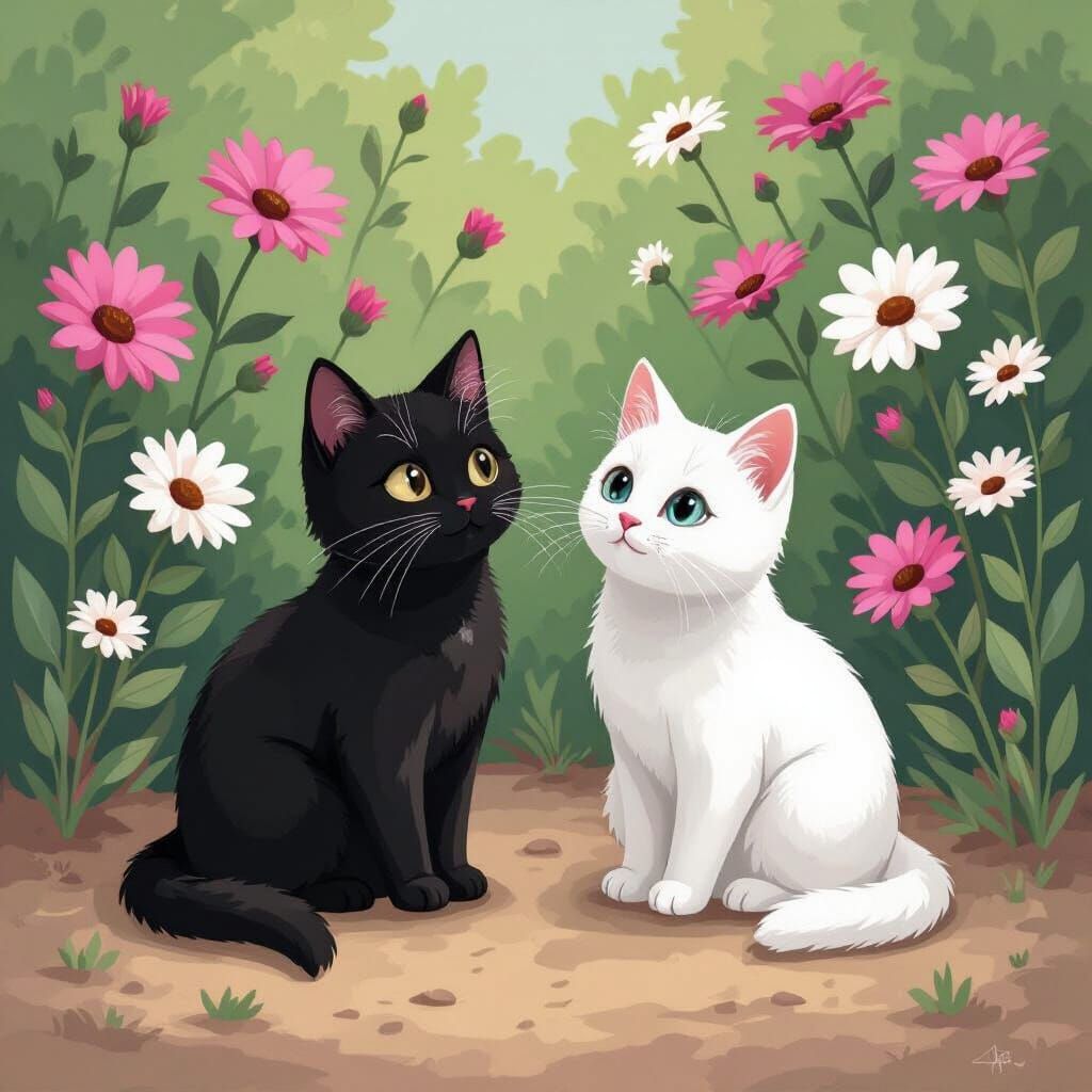 Cats in African Daisies: Whimsical Illustration