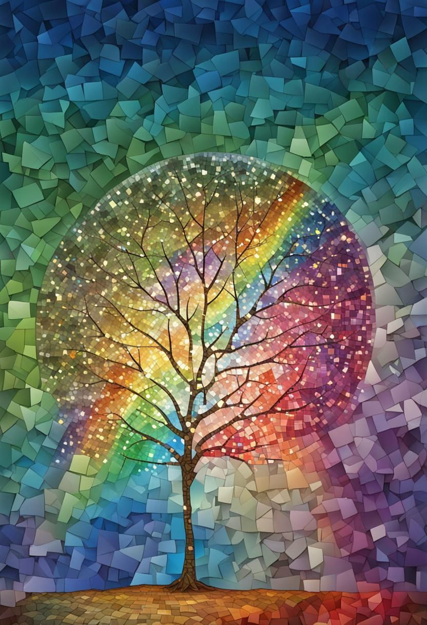 Colorful mosaic with tree and rainbow.