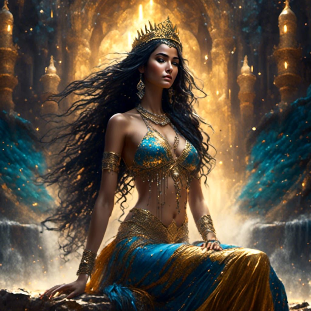 Persian Princess on Golden Throne Under Starry Sky