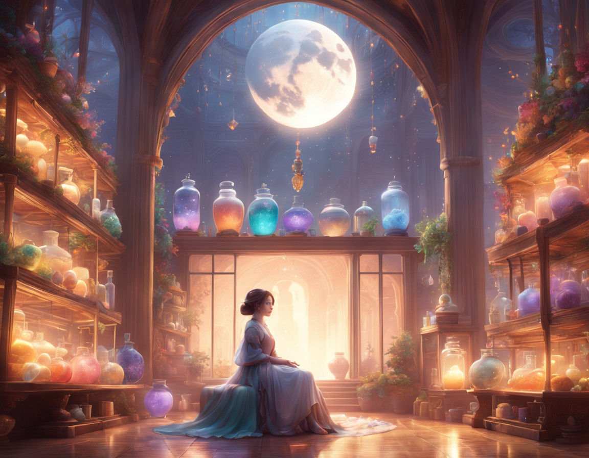 Woman Amidst Whimsical Workshop, Holding Glass Jar with Mini...