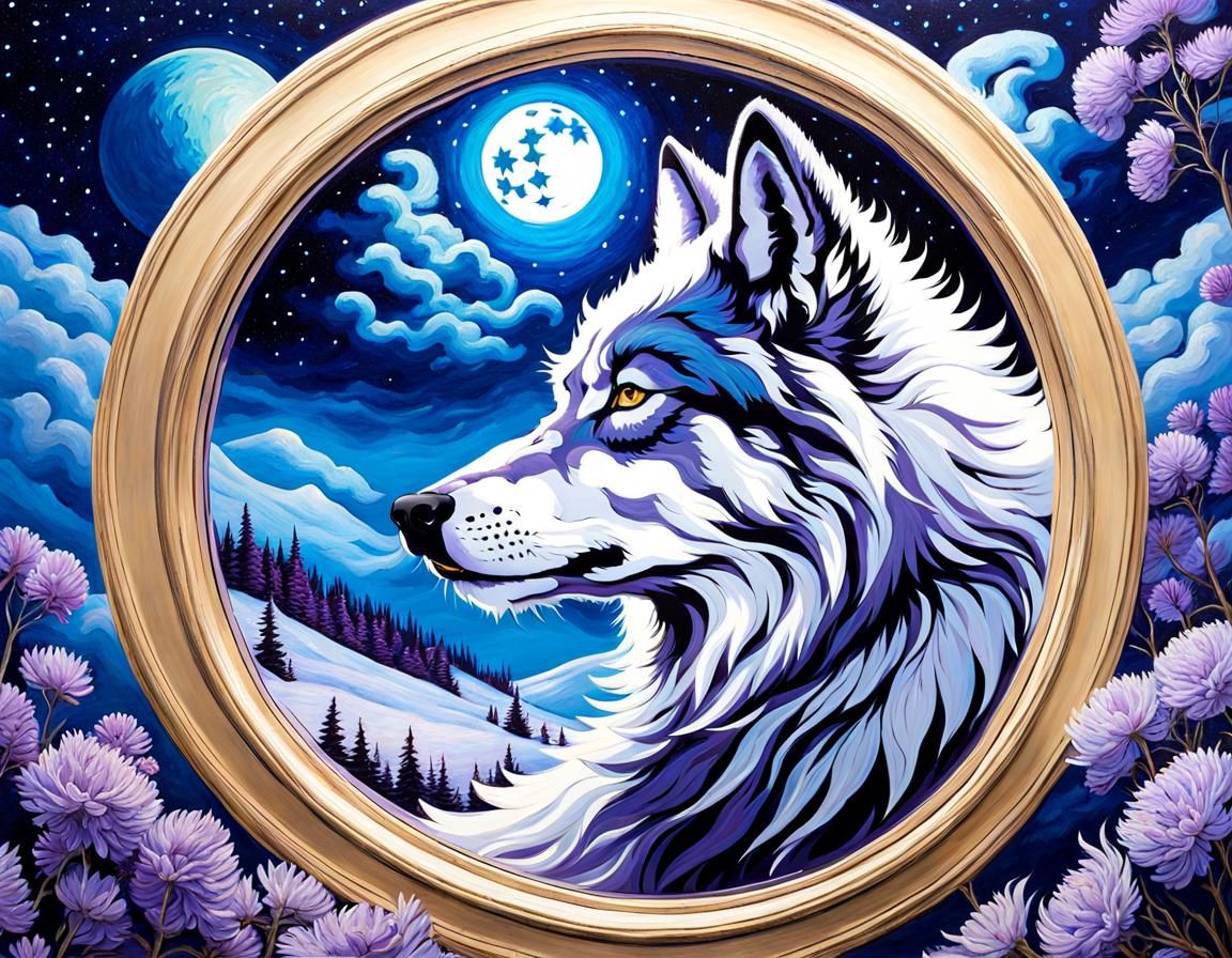 Fantasy Wolf Under Starry Night in Oil Painting Style