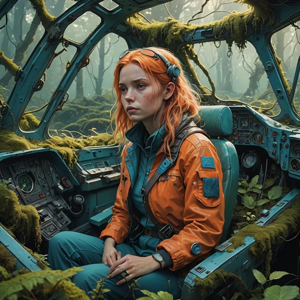 Nordic Woman in Abandoned Jet: Detailed Matte Painting