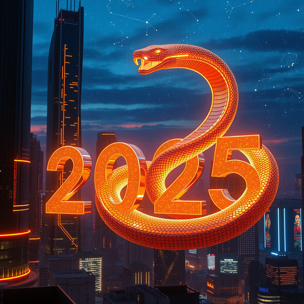 Futuristic New Year 2025 with Digital Snake in Cyberpunk Sty...