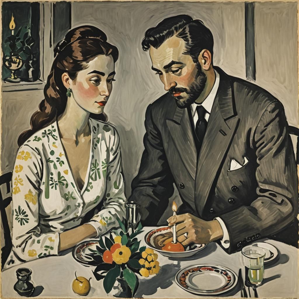 Couple's Candlelit Dinner in Fauvist Style