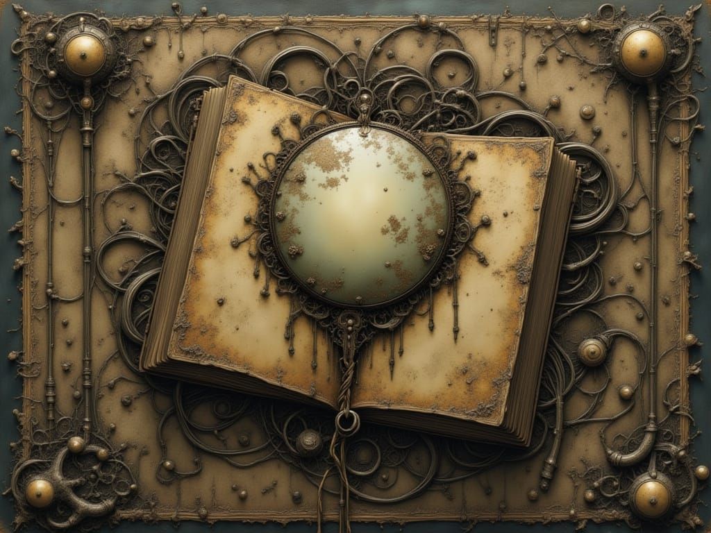 Cryptic Alien Book in Surreal Sepia Dreamscape