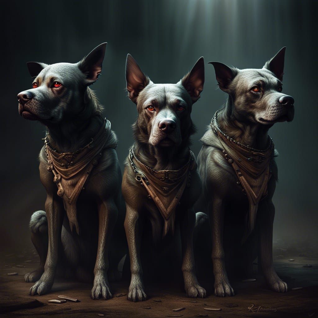 Three-Headed Dog in Dark Fantasy Style