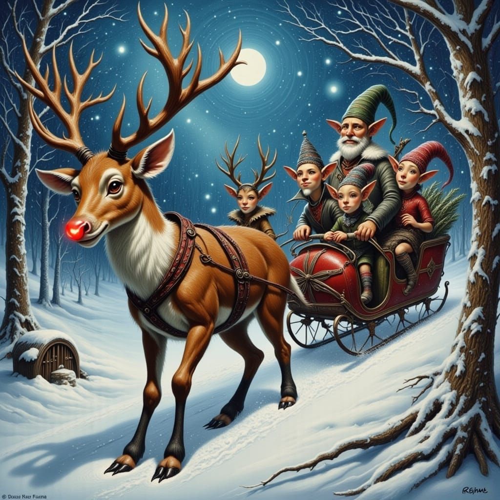 Rudolph Harnessed to Sled in Blizzard, Surreal Art