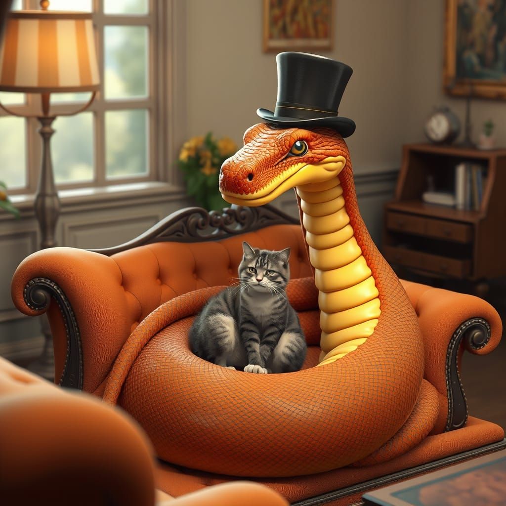 Anthropomorphic Snake Sits with Contented Cat on Cozy Couch