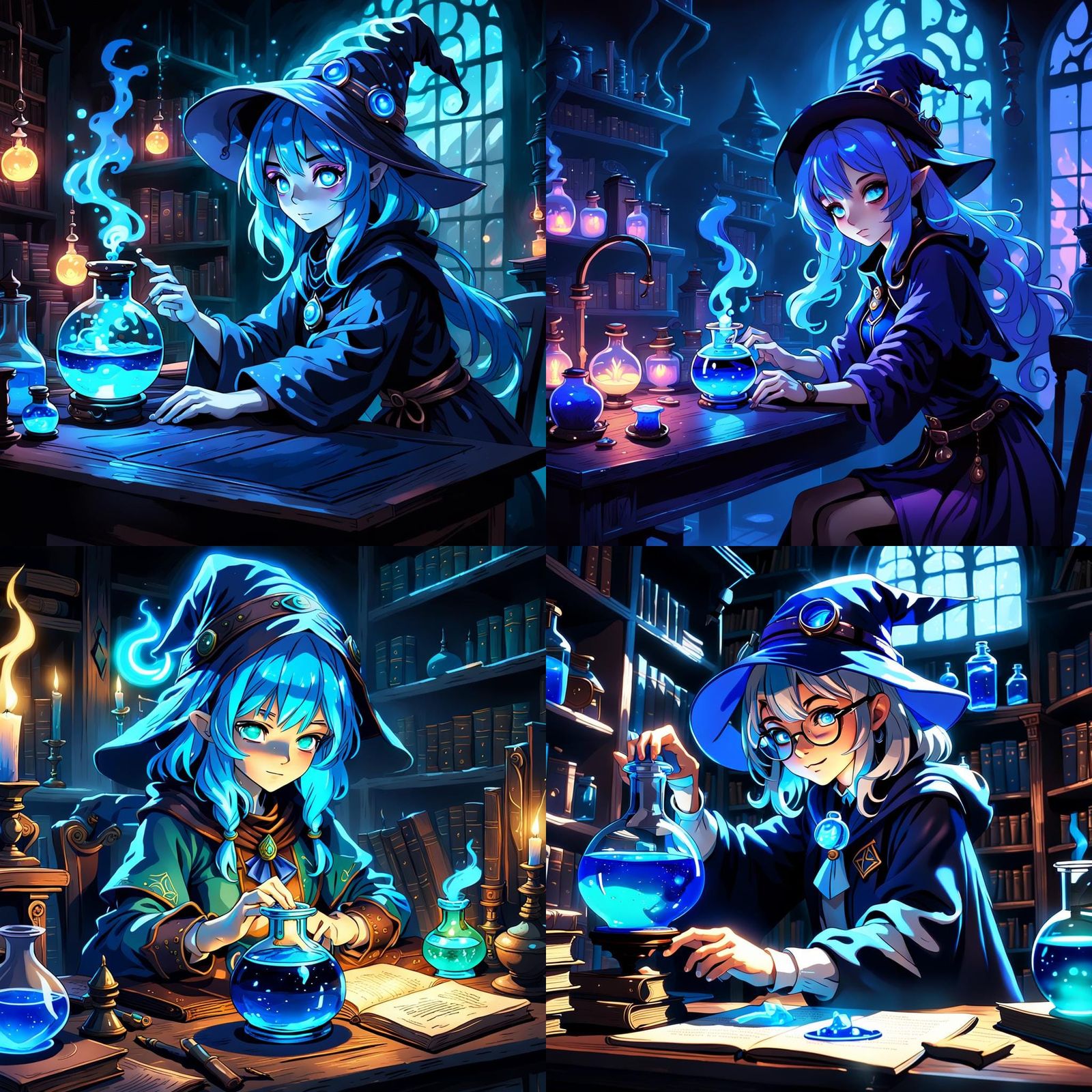 Mage Girl and Neon Potion in Anime Style