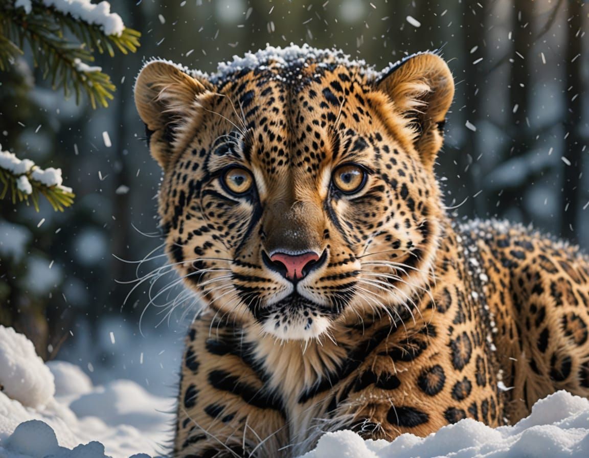 Crying Amur Leopard Cub in Winter Snow