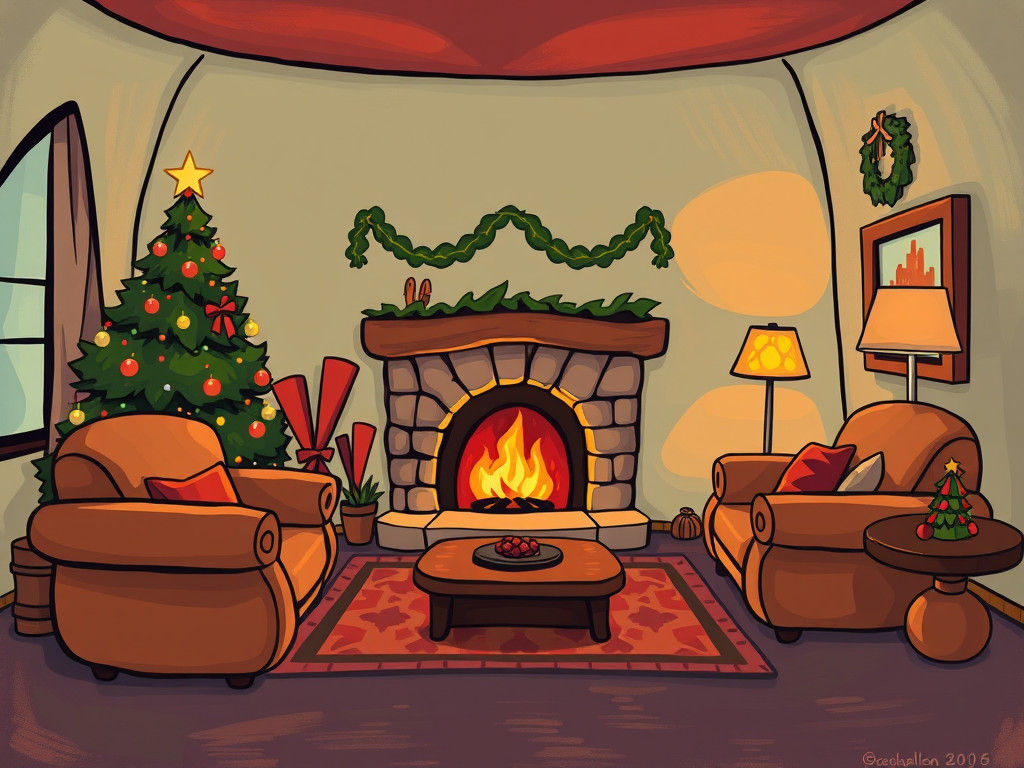 Whimsical Christmas Living Room in Cartoon Style