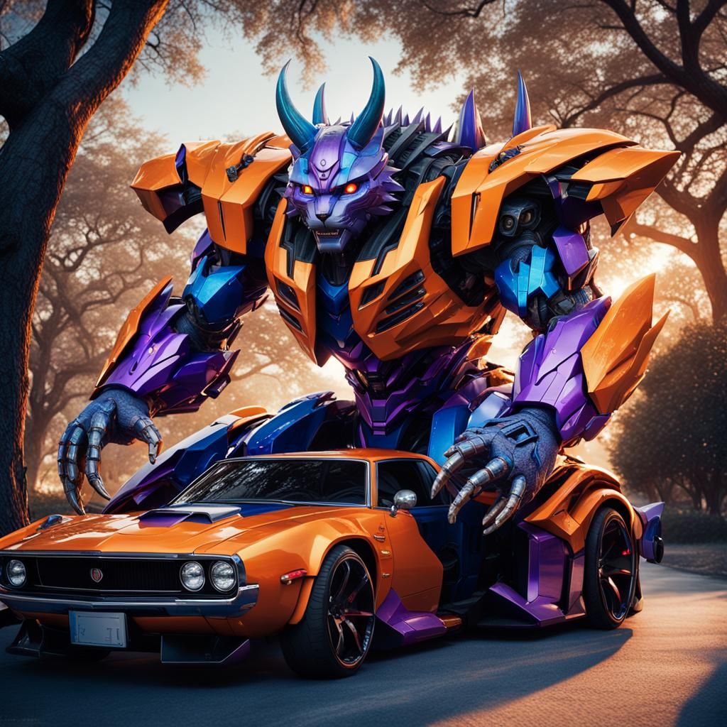 Photorealistic Sports Car Cat Transformer Grabbing a Tree