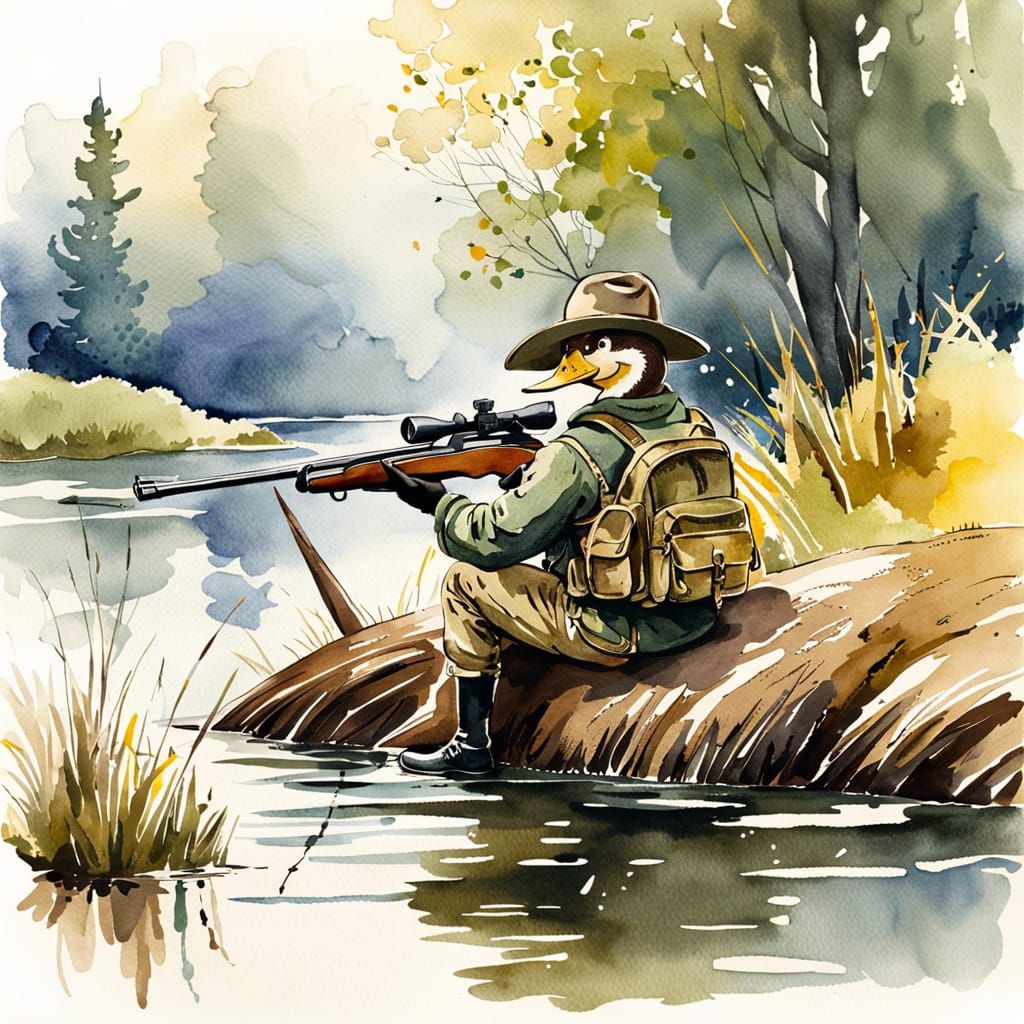 Duck on Rifle: Watercolor Ink Painting at Pond