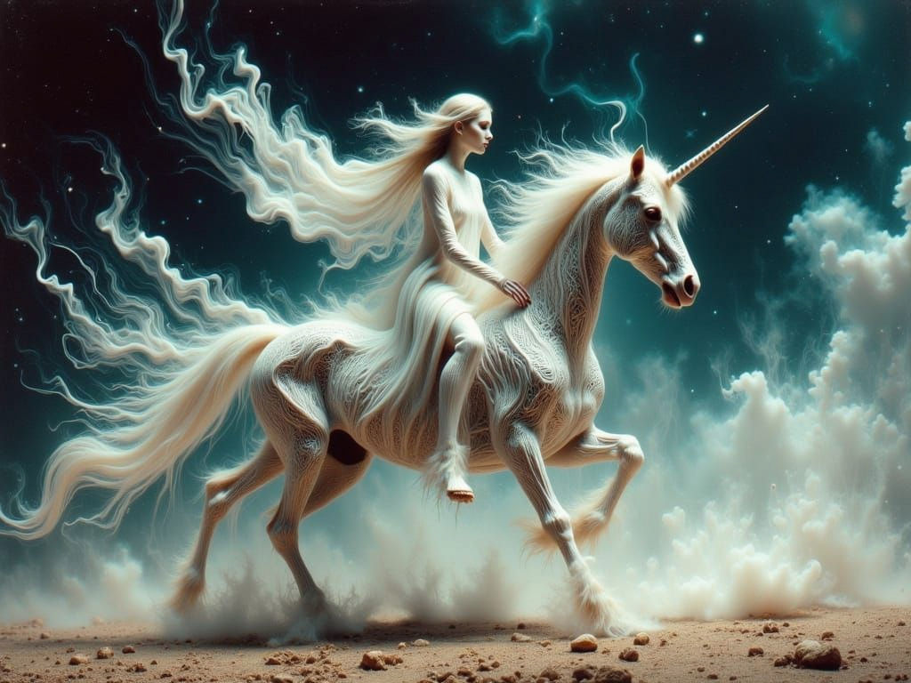 Ethereal Unicorn Galloping in Smoky Nebula