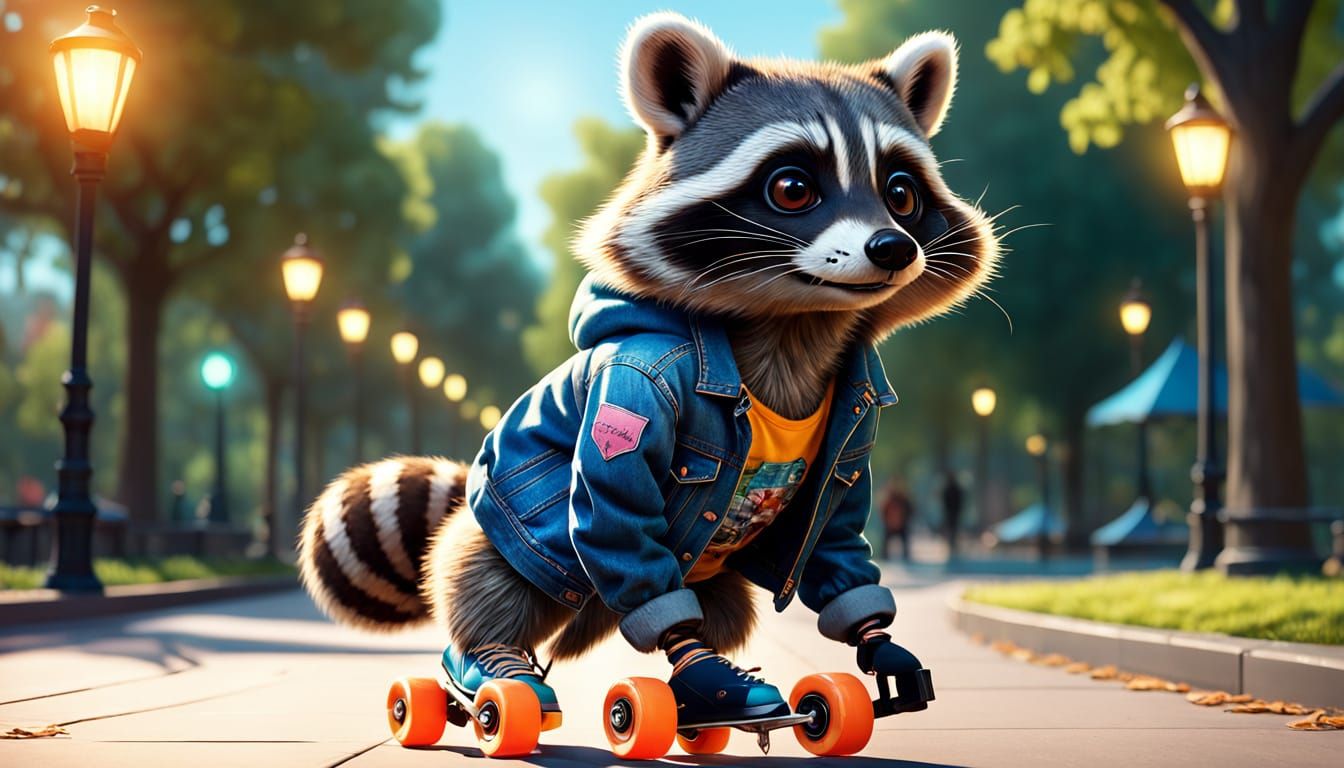 Raccoon on Roller Skates in Hyper-Realistic Style