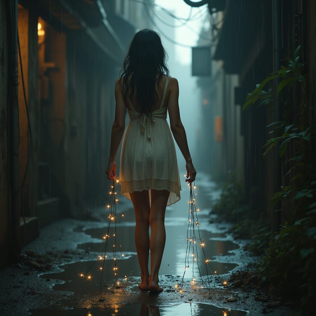 Rainy Alleyway Starlight: Futuristic Noir