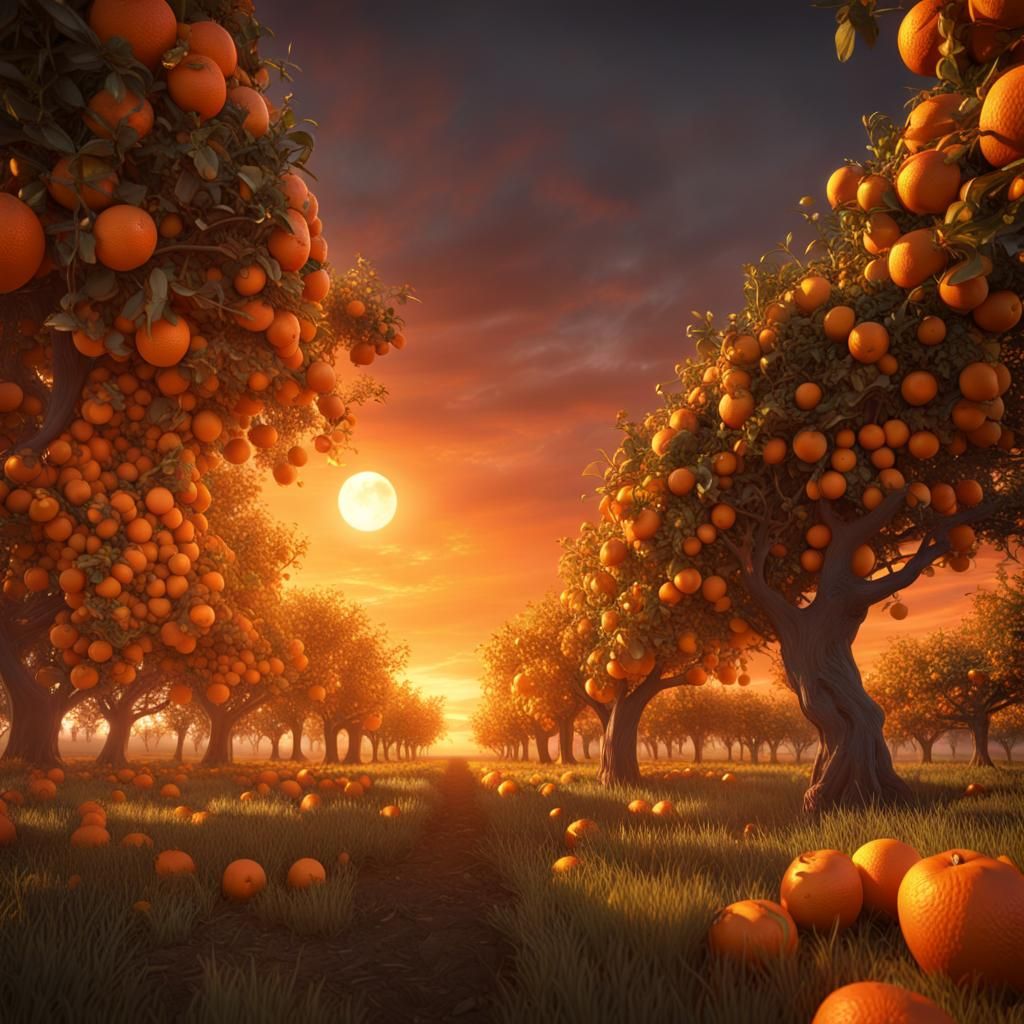 Orange Orchard Under Orange Sun: Matte Painting