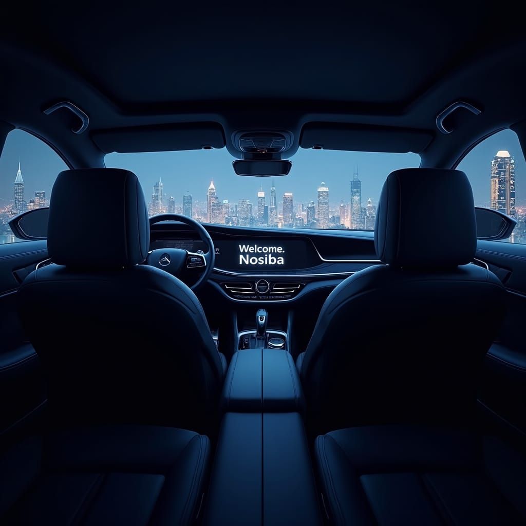 Luxury Car Interior at Night: Futuristic Cityscape