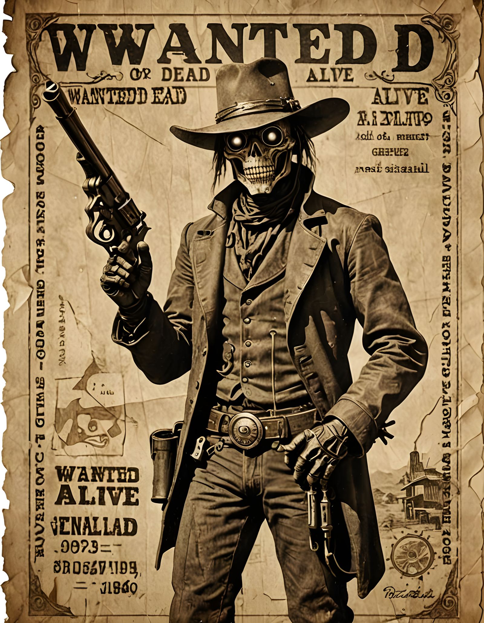 Steampunk Robot Cowboy Wanted Poster in Hyperrealism Style