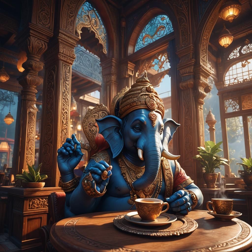 Ganesha Sipping Coffee in Cozy Bistro Concept Art