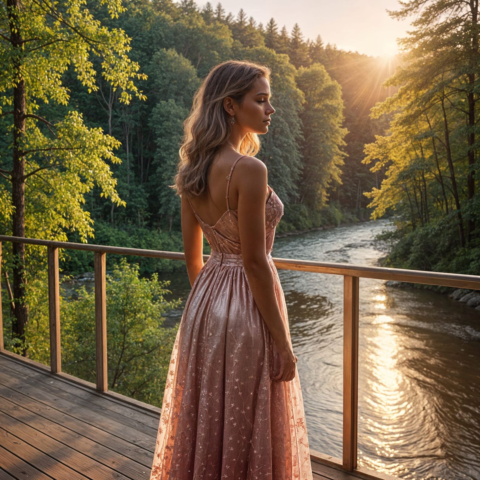 Woman in Pink Gown Overlooking Sunset Forest