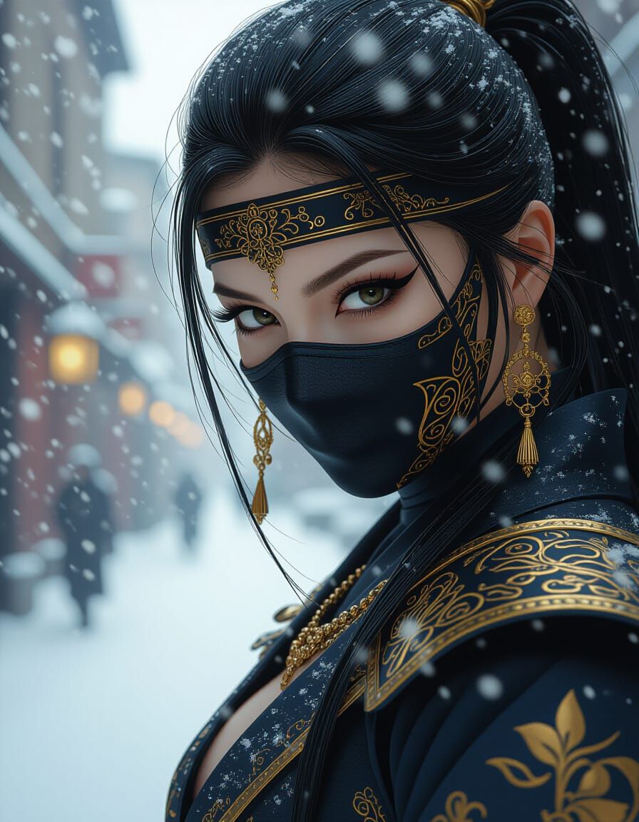 Masked Kunoichi in Snowy Moscow Streets