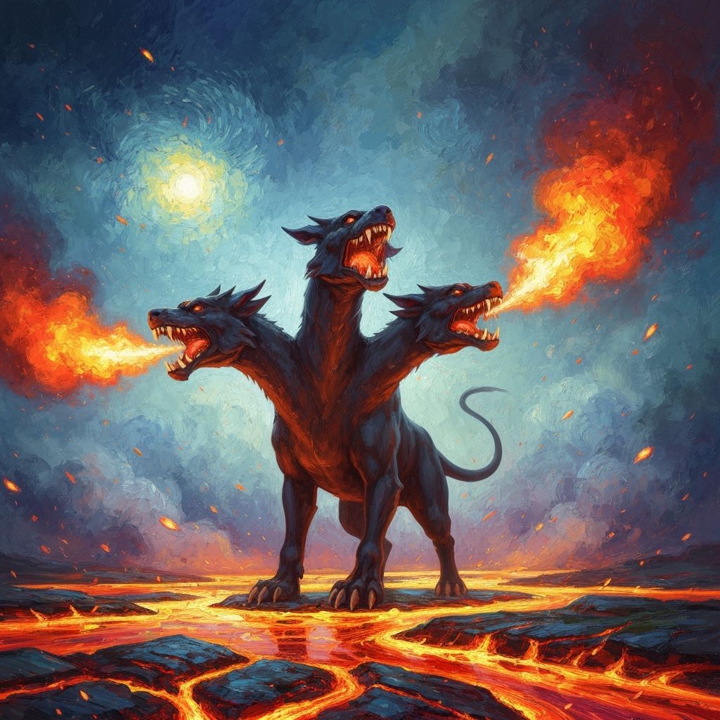 Terrifying Three-Headed Cerberus on Lava in Impasto Style