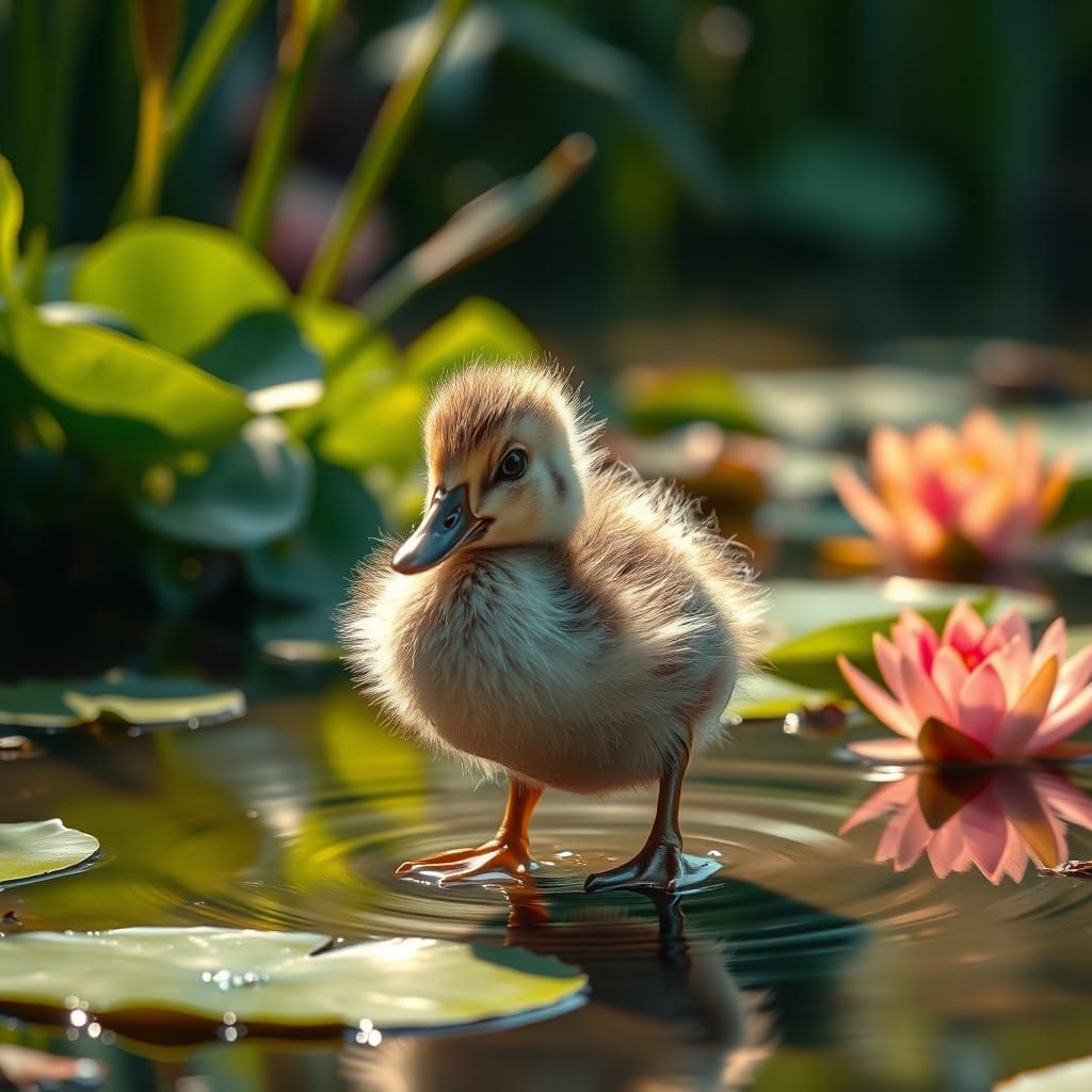 Fluffy Baby Duck in Serene Pond Landscape