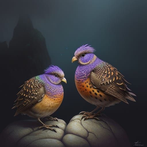 Ethereal Japanese Quails in Whimsical Oil-Painted Realism