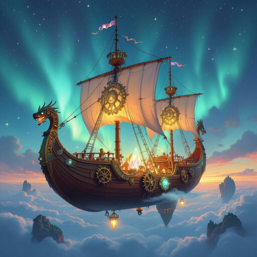 Steampunk Viking Dragon Airship Soaring Through Aurora Sky