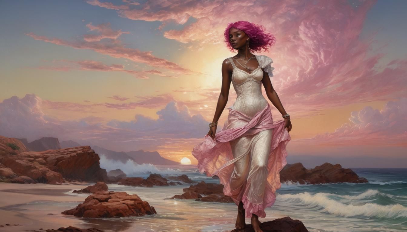 Magenta-Haired Woman in Seascape: Pre-Raphaelite Style
