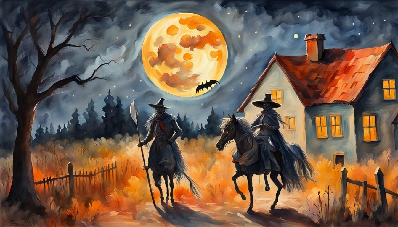 Spooky Village with Headless Horseman in Gouache Style