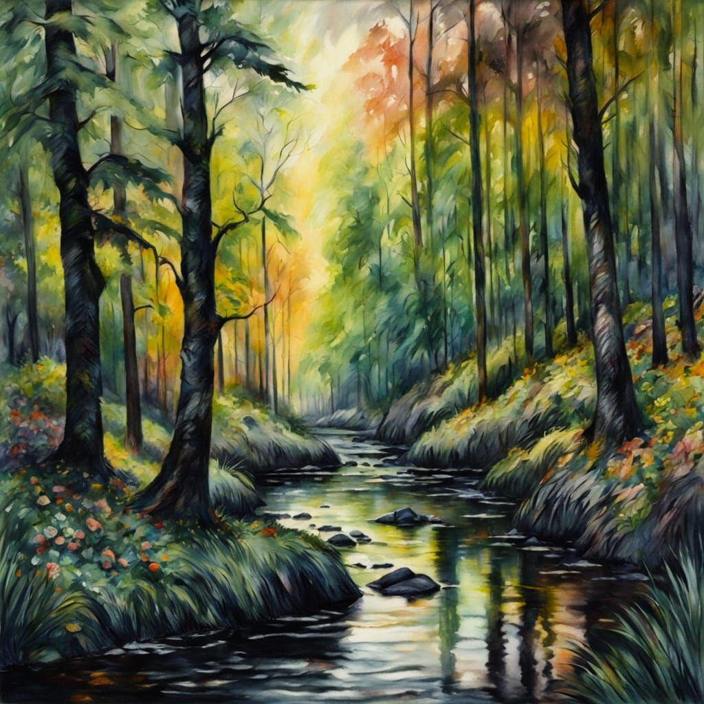 Sunlit Forest: Epic Gouache Charcoal Drawing