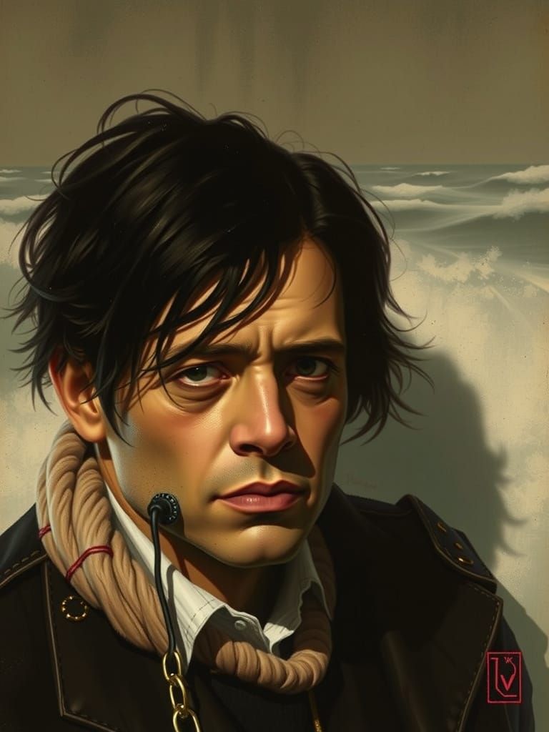 Stern Figure Emerging from Turbulent Seascape in Vibrant Gre...