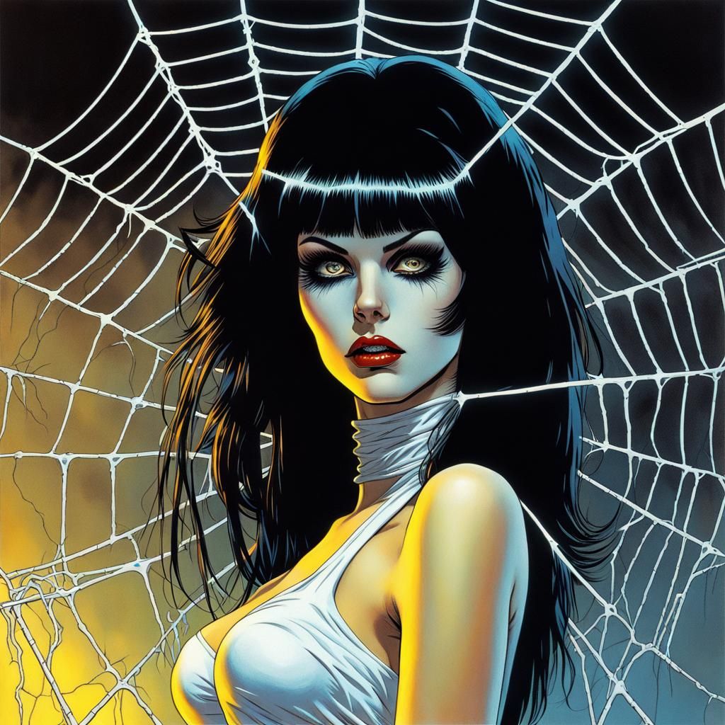 Vintage Deathrock Girl with Spiderweb in Comic Art Style