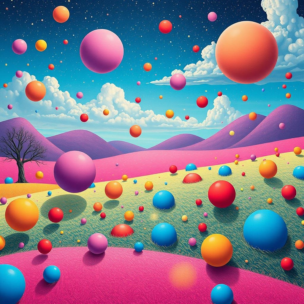 Surreal Polka Dot Landscape in Vibrant Colors