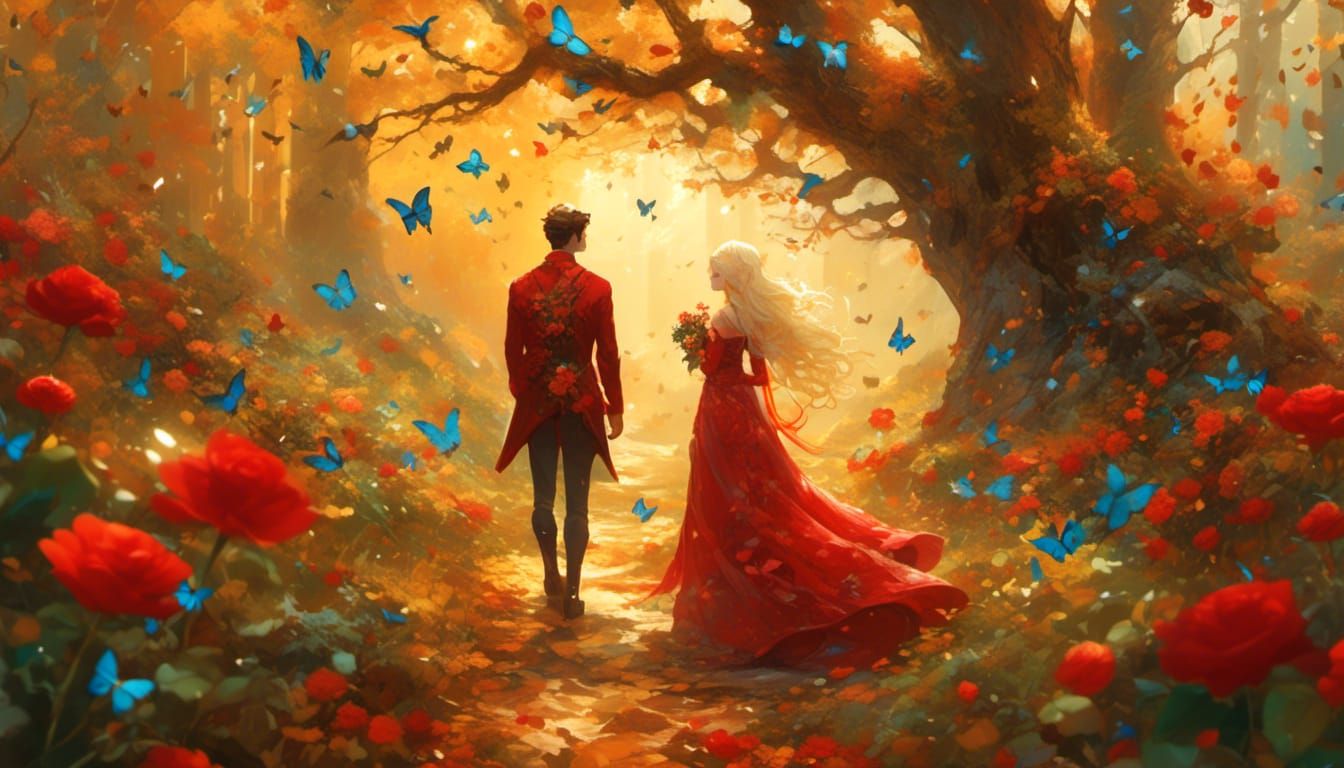 Elven Couple Under Rose Archway in Ethereal Fantasy Style