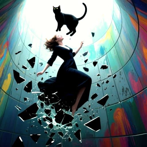 Woman Shatters into Black Glass Falling in Cylinder