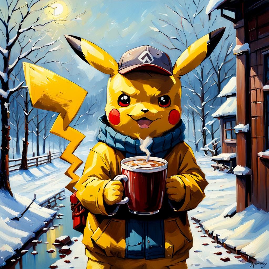 Pikachu Drinking Hot Chocolate: An Oil Painting