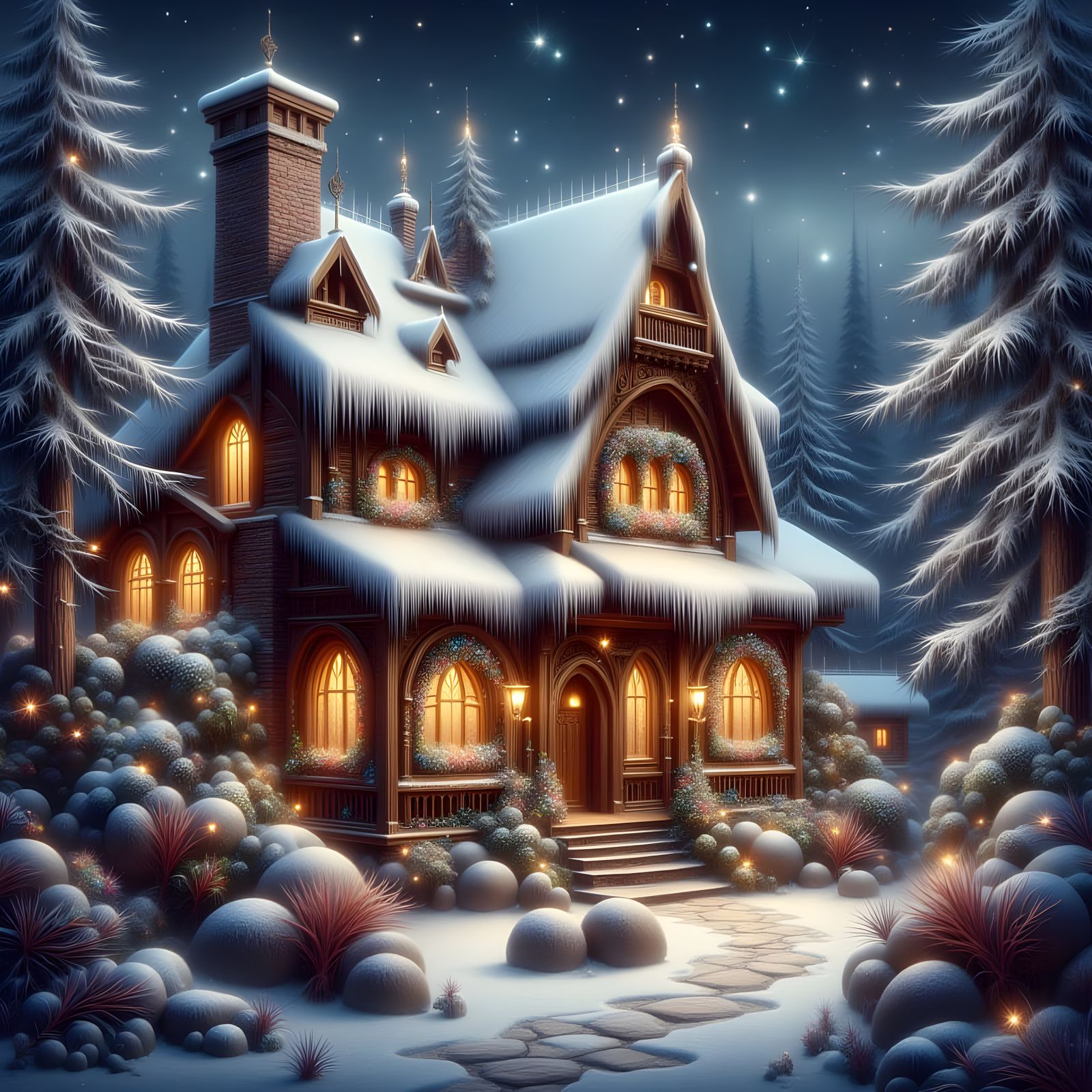 Santa's Festive Christmas House in Falling Snow