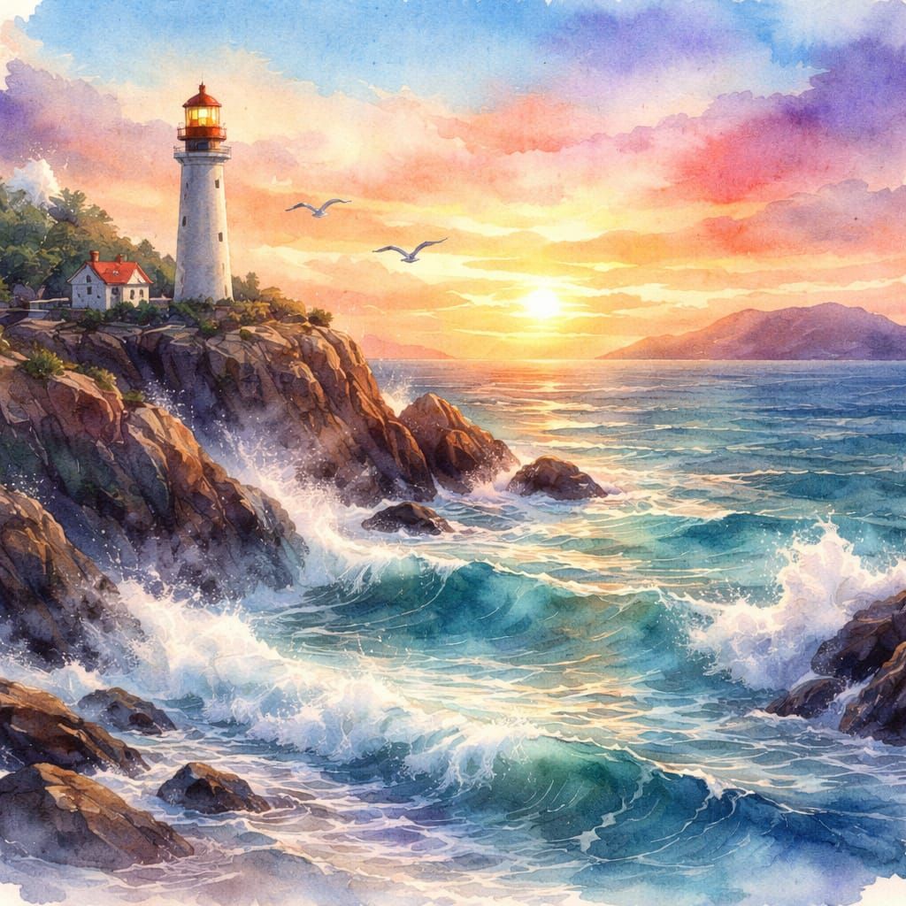 Sunset Over Rugged Coast With Lighthouse and Crashing Waves