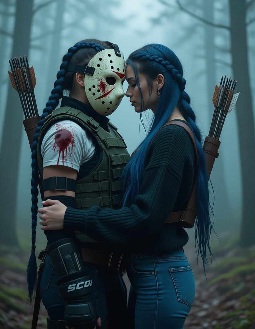 Female Warriors Embrace in Dark Forest, Horror Style