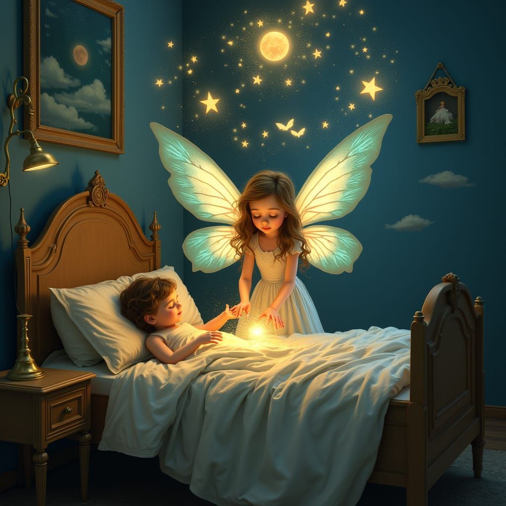 Fairy Conjures Dreams for Sleeping Girl in Hyperdetailed Sty...