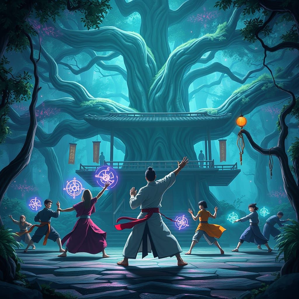 Bioluminescent Forest Dojo: Martial Arts Training in Anime S...