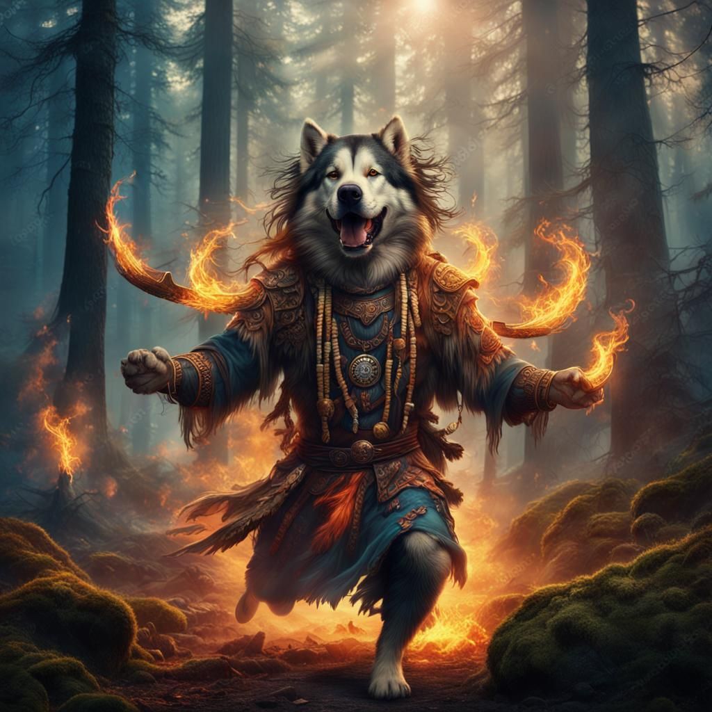 Dog Shaman Dances at Bonfire: Digital Matte Painting